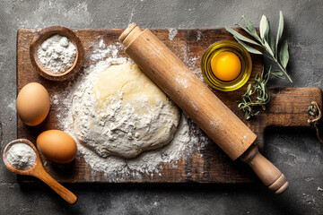 Overhead view of wooden board with flour, eggs, olive oil, and rolled dough, elements arranged diagonally