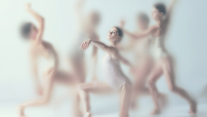 Fluid formation of faded dancers in soft pastel tones, evoking fleeting unity and delicate presence through dreamlike movement. Concept of high impact posters for luxury performance campaigns