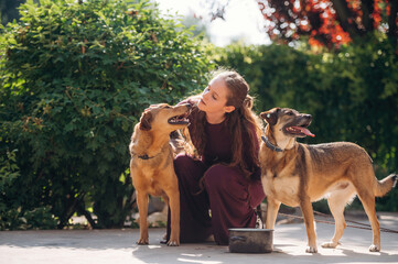 On the ground, playing, taking care. Woman is with dogs outdoors