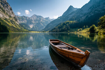 Obraz premium Serene alpine lake with still reflective water, single wooden rowboat moored near shore, surrounded by mountains