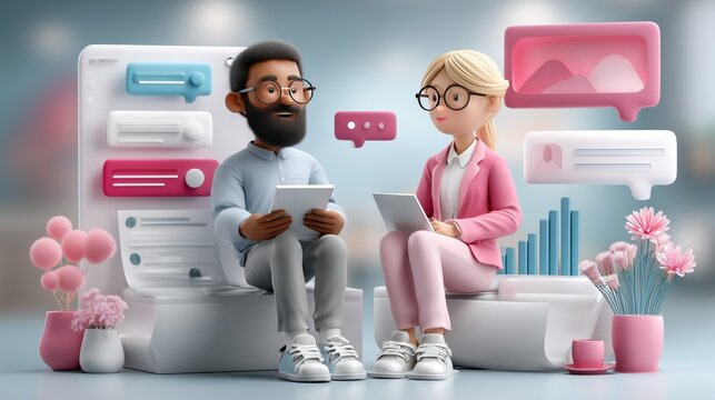 Collaboration discussion between colleagues modern office space digital art friendly environment eye-level perspective teamwork concept