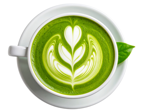  Top View of Hot Matcha Latte with Leaf Art in Ceramic Cup, isolated on transparent background