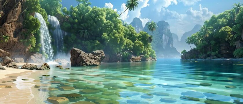 Tourist paradise at wild tropical forest, scene with beautiful beach, green mountains and blue water in jungle. Theme of wallpaper, wilderness, landscape, travel, nature