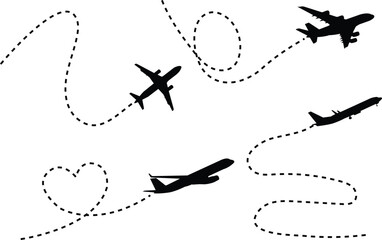 Airplane route path icon. A vector illustration depicting the flight path of an airplane with a line trace, set against a white background.

