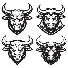Black and white vector illustration of a bull and cow head in cartoon set farm style