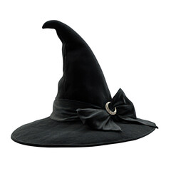 Elegant black witch hat with bow and crescent moon embellishment against a stark black backdrop