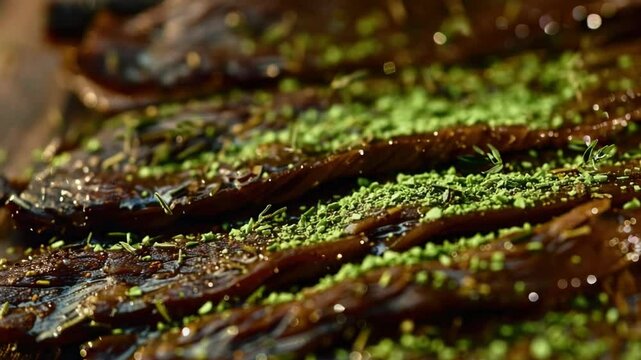 Close-up of a delicious steak being cooked on a grill, seasoned with garlic and spices.