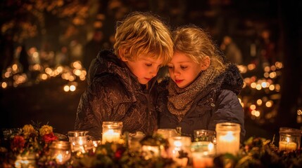 Two children looking at candles at a remembrance event with blurred people in the background