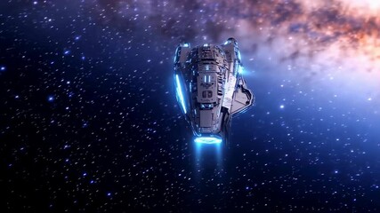 Futuristic spaceship hovering through deep space with glowing blue lights and distant nebula. Sci-fi alien craft travel concept footage. - Powered by Adobe