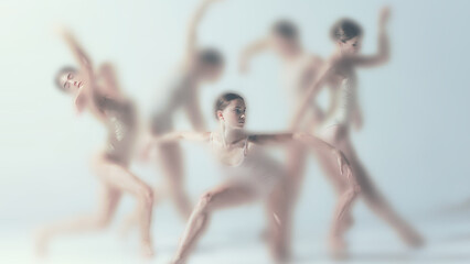 Soft faded dance composition featuring group of ballet dancers in coordinated yet individually...