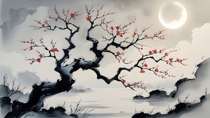 Artistic japanese ink wash painting of a blooming cherry blossom tree under a full moon