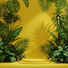 Fototapeta premium Indoor botanical concept art set with vibrant tropical leaves, high-saturation yellow backdrop, dramatic lighting and shadows, product showcase
