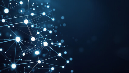 Obraz premium Abstract glowing network of interconnected nodes and lines on a dark blue background