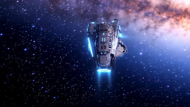 Futuristic spaceship hovering through deep space with glowing blue lights and distant nebula. Sci-fi alien craft travel concept footage.