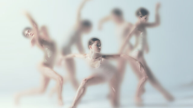 Soft faded dance composition featuring group of ballet dancers in coordinated yet individually expressive poses. Sculptural, serene atmosphere focused on rhythm, physical balance, and collective form.