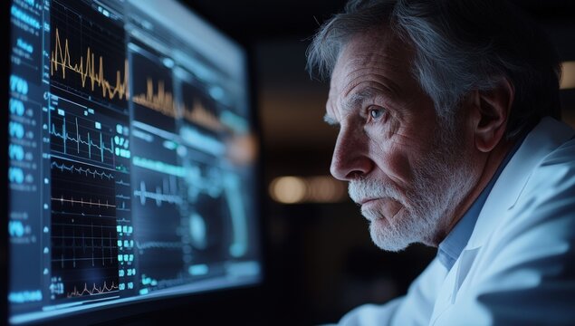 Senior doctor analyzing health data on a monitor