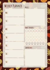 Autumn themed cozy Weekly Planner with Notes and Habit Tracker Layout