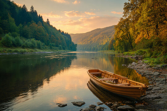 Serene alpine lake with still reflective water, single wooden rowboat moored near shore, surrounded by mountains