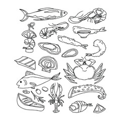 Hand-drawn seafood and sushi illustration