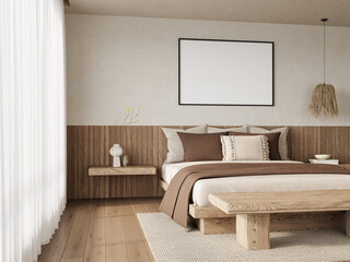 Corner Angle View of Modern Cozy Bedroom with Large Wall Frame for Artwork Mockup - Scandinavian Minimalist Interior with Natural Textures