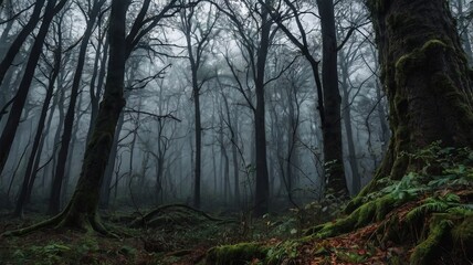 Obraz premium Haunted forest, majestic landscape of woodland with trees and mist