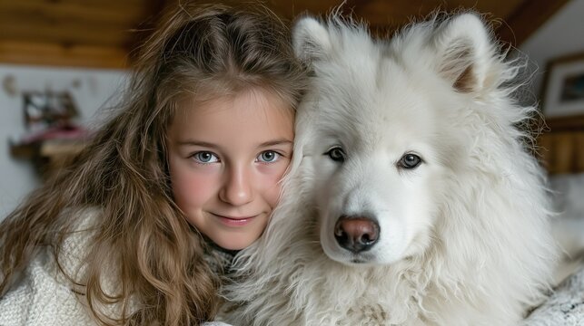 Long-haired girl interacting with white Samoyed in warm home setting, natural light high-definition pet portrait material for family themes and cozy atmosphere