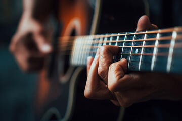 Obraz premium Tight shot of acoustic guitar being played, fingers pressing strings mid-chord, natural lighting