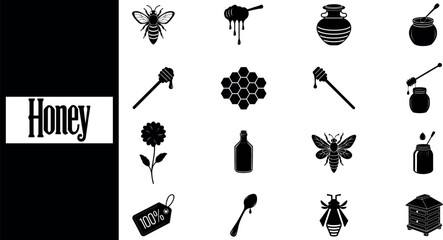 Collection of honey related vector silhouette including bees honeycomb jars dippers flower bottle and beehive isolated on transparent background