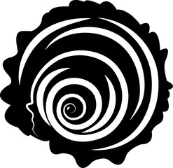 Seashell, spiral. Silhouette, abstract drawing by hand. Black on white background, vector.