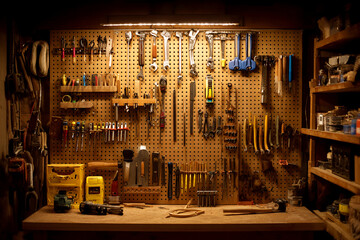 Wall-mounted pegboard in woodworking workshop displaying neatly arranged tools in warm ambient light