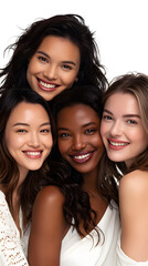 Fototapeta premium Close-up portrait of group young women with expressions, dark skin, minimal makeup, soft lighting, dark background.Ethnic beauty women face closeup healthy beautiful natural female protrait