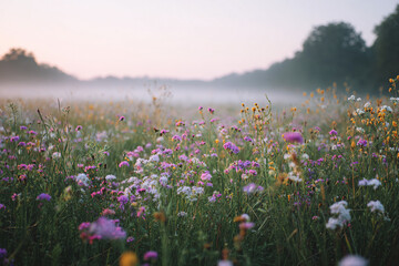 Wide open field covered in wildflowers with soft morning mist rising, composition has foreground flowers in detail