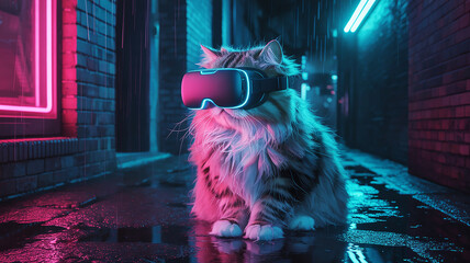 Photo of a fluffy cat in vr glasses sits in a rainy cyberpunk alley