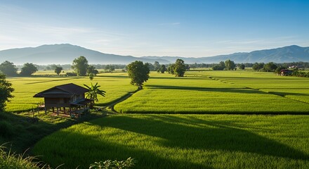 Obraz premium Green Rice Field with Rural House Under Blue Sky Mountains