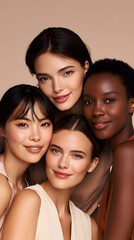 Obraz premium Close-up portrait of group young women with expressions, dark skin, minimal makeup, soft lighting, dark background.Ethnic beauty women face closeup healthy beautiful natural female protrait
