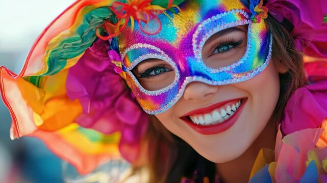 Woman wearing vibrant Mardi Gras carnival mask and costume, smiling joyously.
