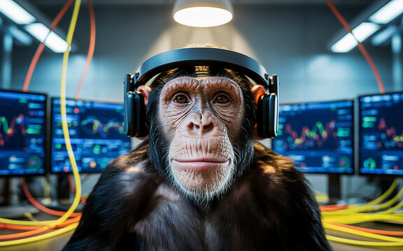 Photo of a chimpanzee wearing headphones sits in front of computer screens
