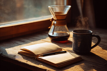 Wooden table near sunlit window with ceramic pour-over coffee dripper, steaming mug, and open blank journal with pen