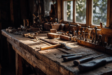Wooden workbench covered in vintage hand tools planes, chisels, and a worn hammer lit with angled sunlight from side window