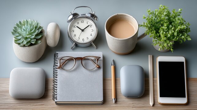 Morning routine essentials desk setup with clock notebook and coffee minimalist style calm environment top view