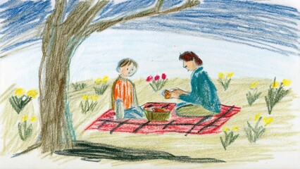 Obraz premium A crayon drawing of two people having a picnic under a tree with flowers around them