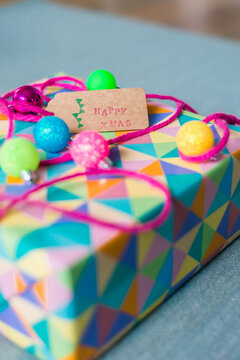 Non-traditional modern xmas present in fun geometric pattern and colours