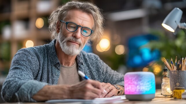 Creative senior man writing at home workspace cozy environment with modern decor capturing inspiration
