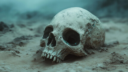 Ancient human skull embedded in sandy soil, symbolizing life and death, fossil remains discovery in arid environment