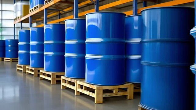 A warehouse filled with blue barrels stacked on wooden pallets.