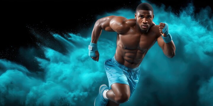 Athletic man sprinting with powerful energy effects and blue powder.