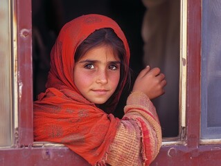 Young Girl in Red Headscarf Gazing from Window