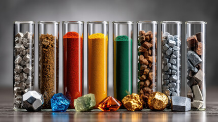 Diverse minerals and crystals in test tubes with vibrant colors and textures on display