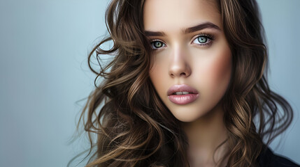 Fototapeta premium Portrait of a young woman with wavy brown hair and light blue eyes looking at the camera clearly .