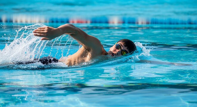 Swimmer in Blue Pool Performing Crawl Stroke with Goggles and Splashing Water